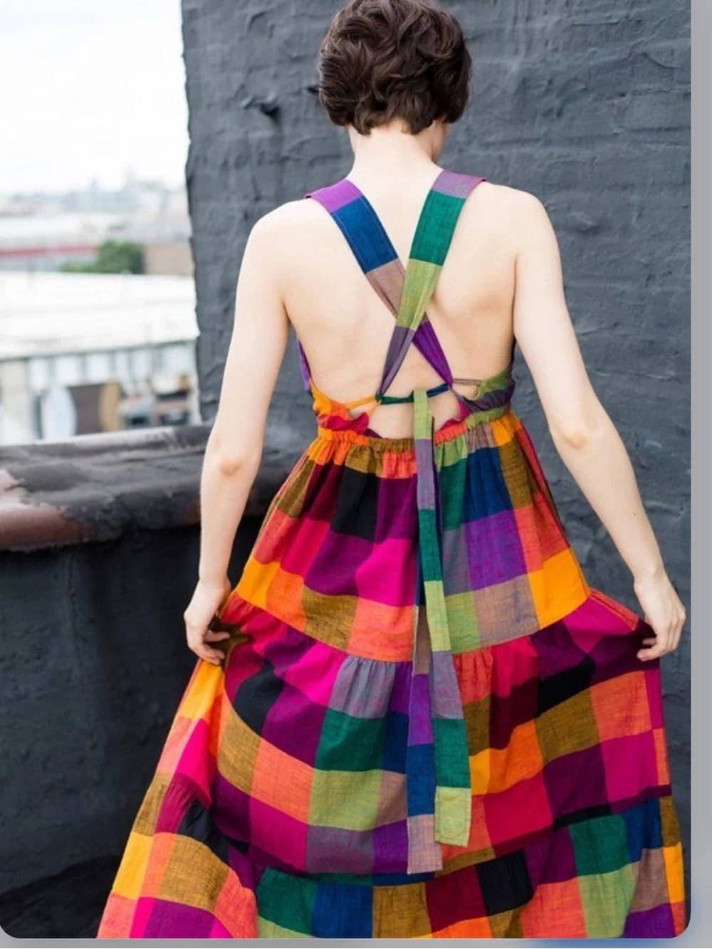 Rujuta Sheth Gema Tiered Maxi Multi-Chex Multicolor Plaid Tie Back Boho Small - Picture 2 of 10